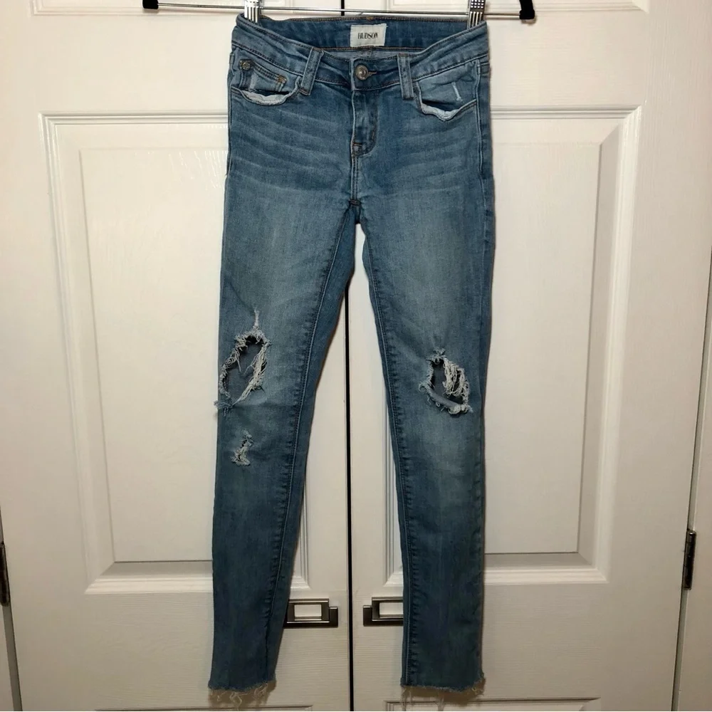 Girls Hudson Distressed Super Skinny Blue Jeans Size 10